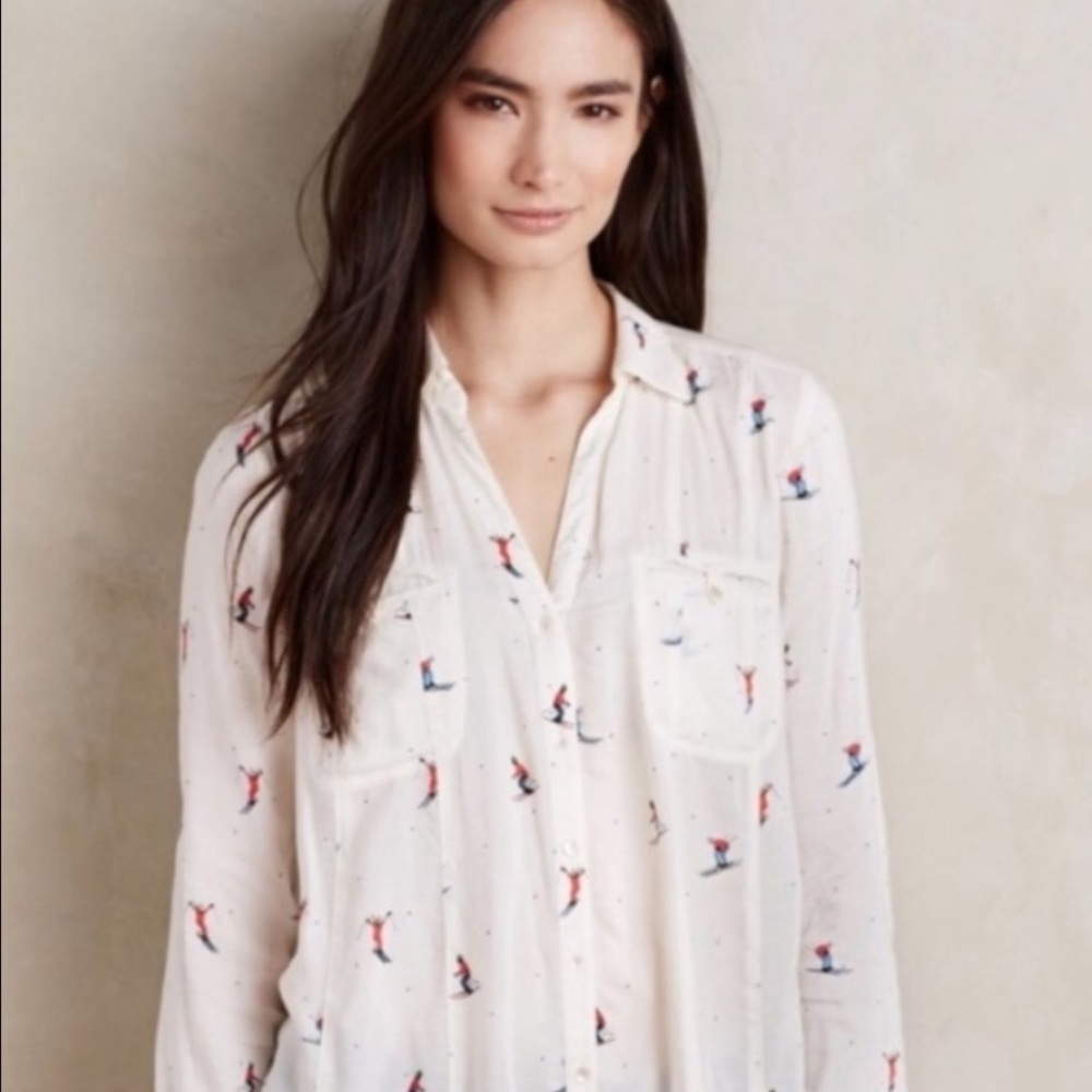 Anthropologie MAEVE Winter Ski Scene Colloquial Buttondown